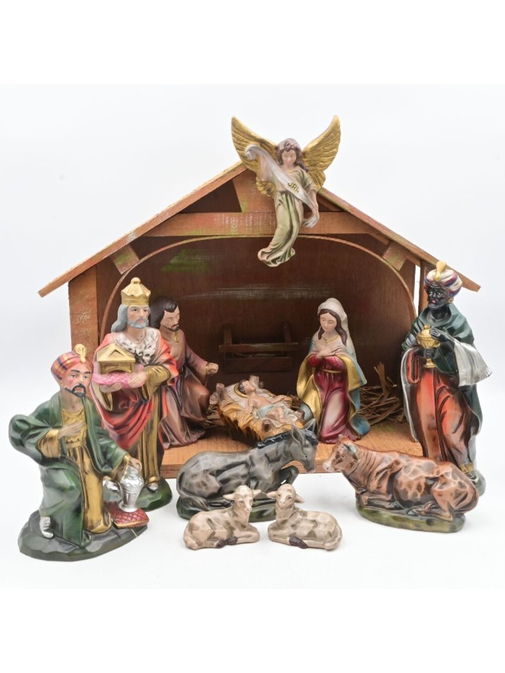 Vintage Nativity Set w/Wood Reed Creche, 11 Hand Painted Figures & Music Box